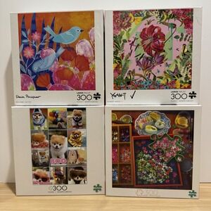 4 Buffalo Games 300 Piece Puzzles BOO, FLOWER JUNGLE II, Wild Bird Cactus, Relax